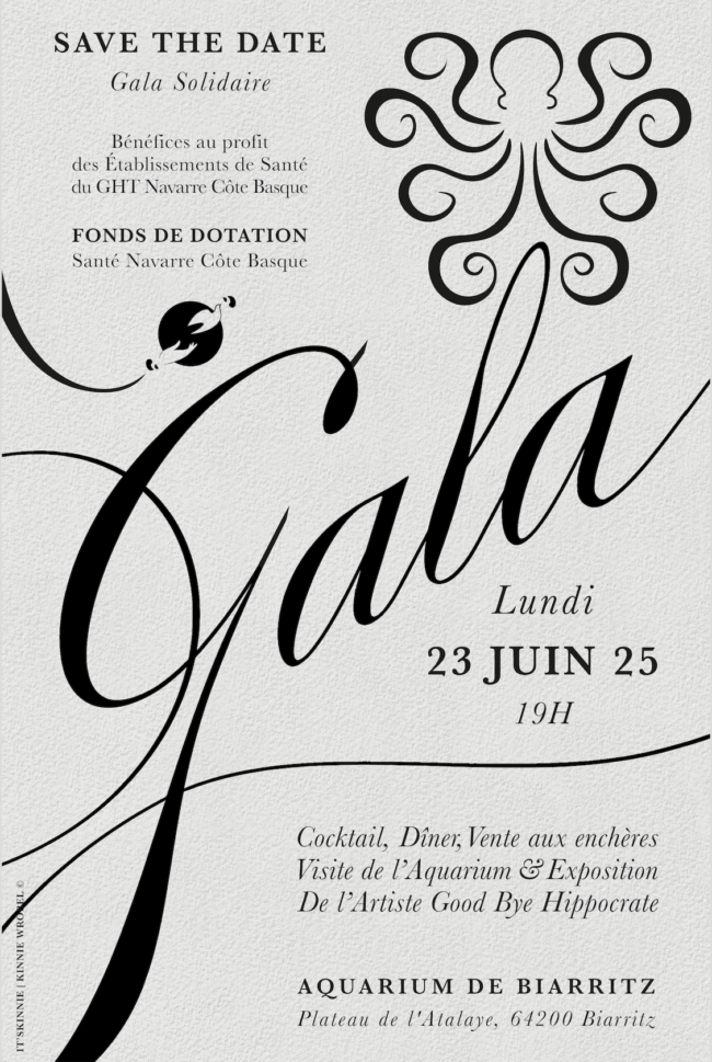 Réalisation de la communication visuelle en partenariat avec le Fonds de Dotation Santé Navarre Côte Basque. Carton Invitation Gala annuel 2025.